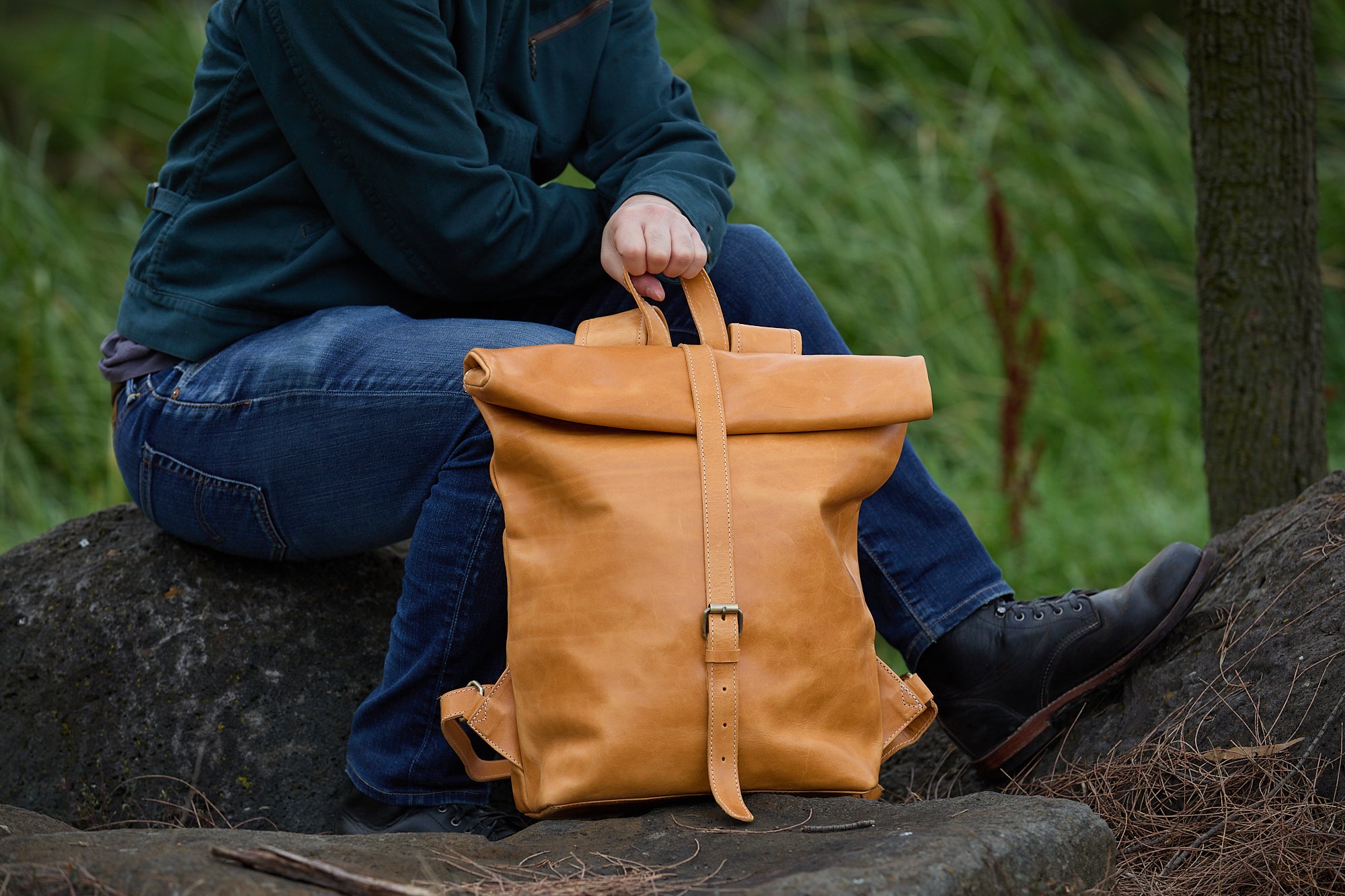 Beautiful leather rolltop backpack bag - tan
