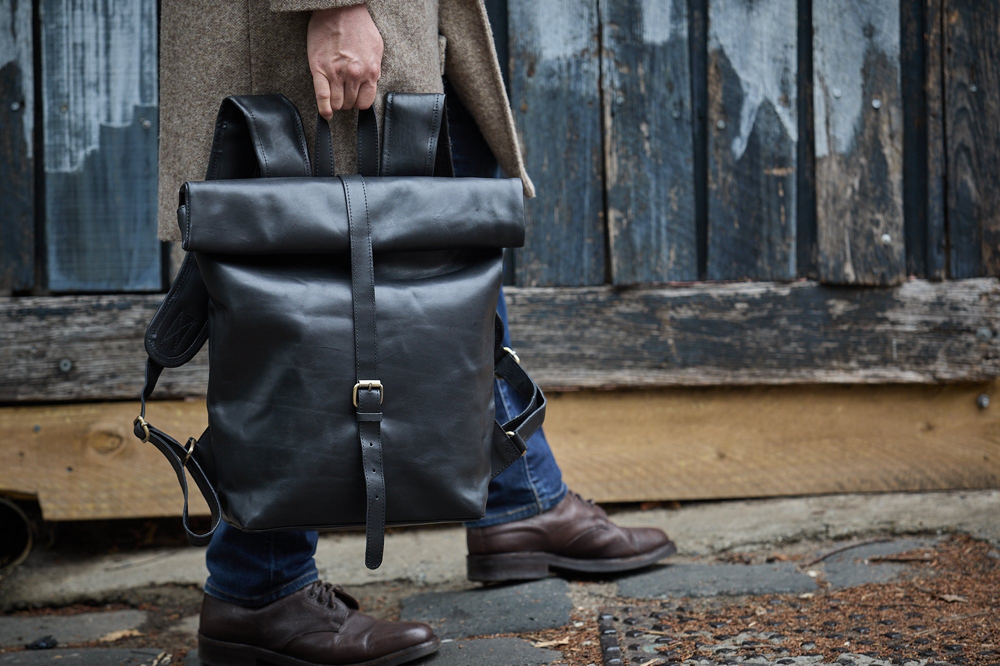 Leather rolltop backpack bag - black