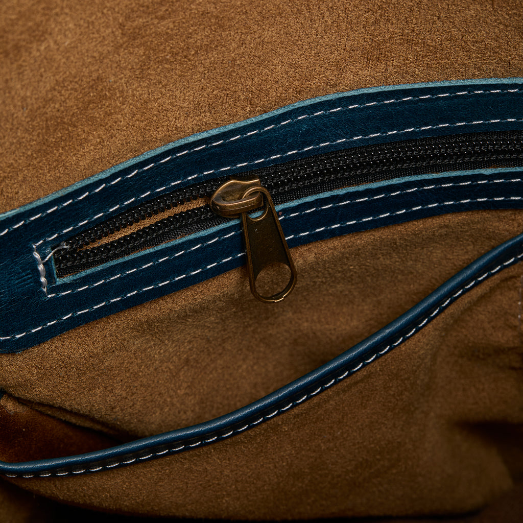 Mainichi Leather Rolltop Backpack with pockets - Kahurangi Blue